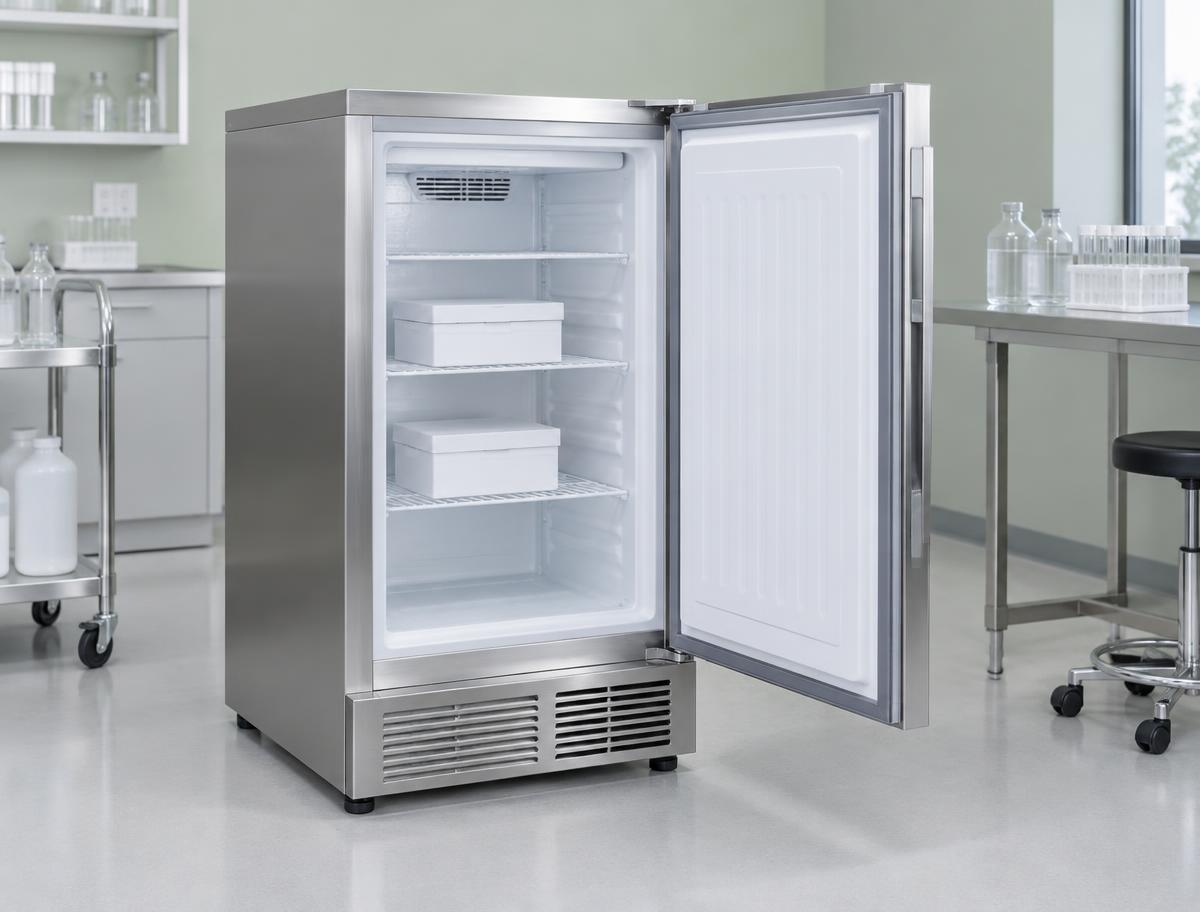 Illustrative laboratory freezer with organized sample storage boxes