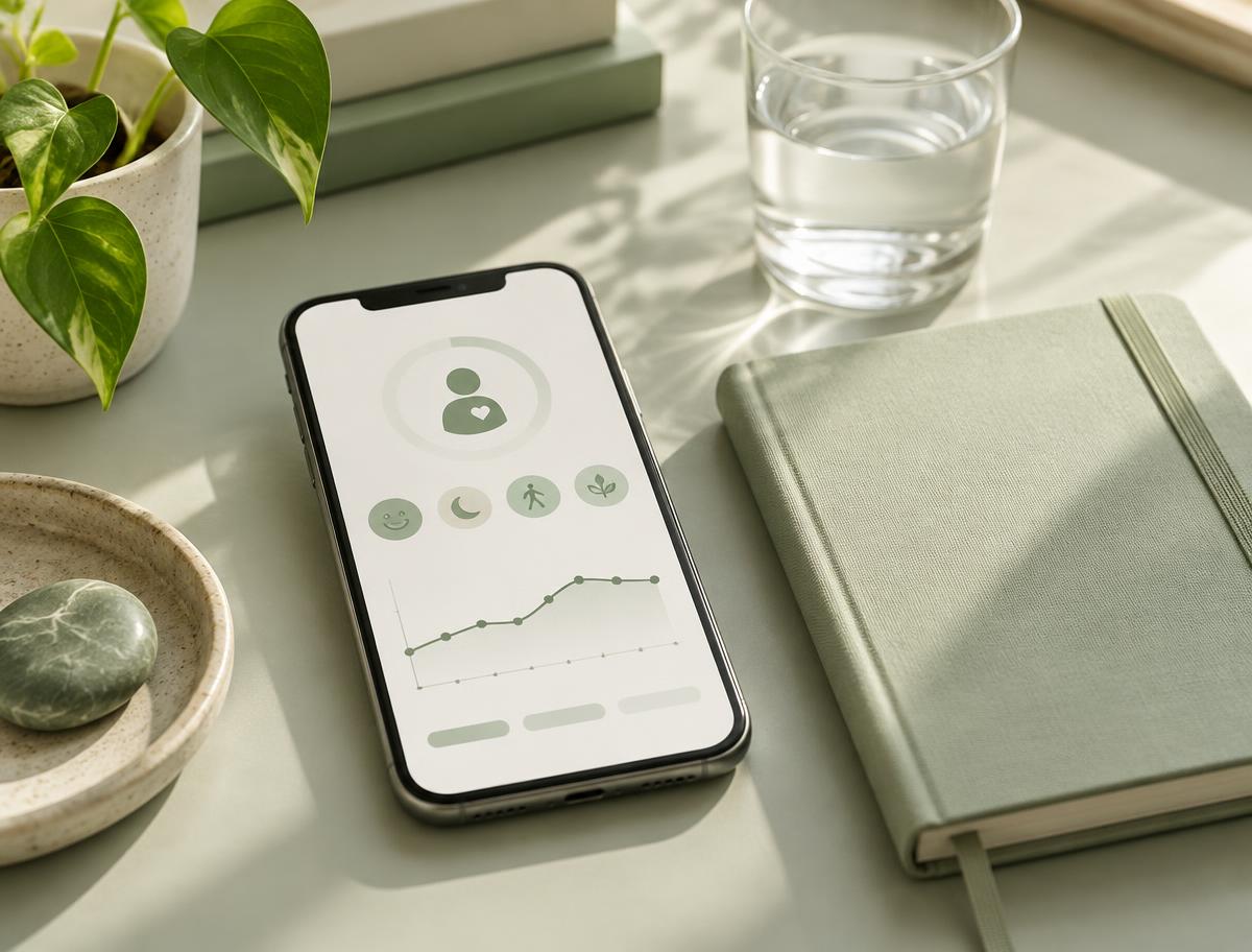 Illustrative patient check-in interface on a smartphone beside a journal
